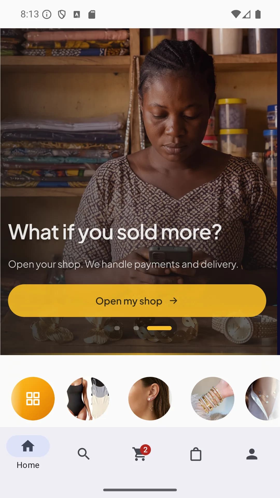 Écran d'accueil d'Ahidaho sur Android invitant les vendeurs à ouvrir leur boutique, avec les raccourcis de catégories