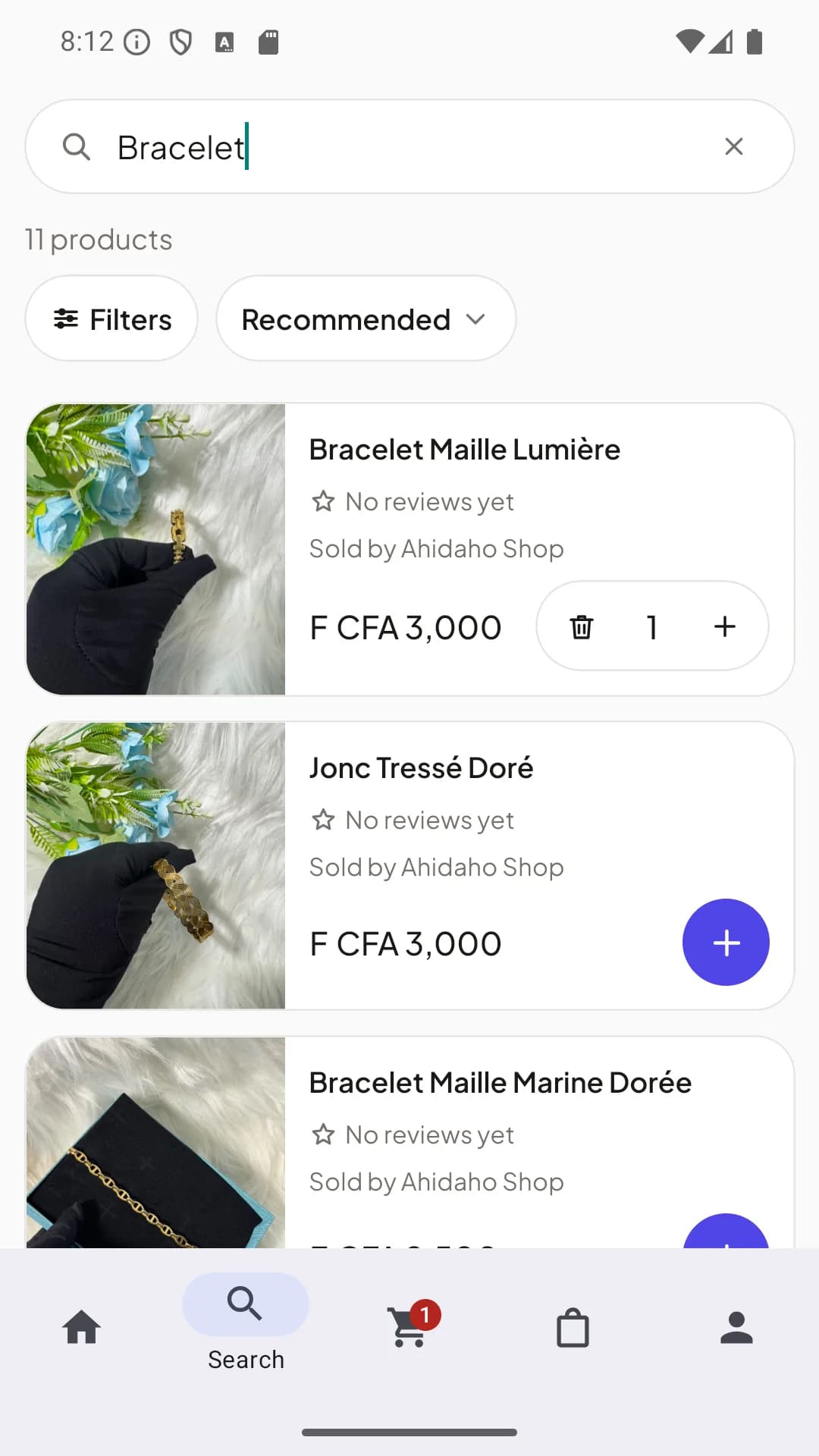 Résultats de recherche Ahidaho pour des bracelets, avec filtres, vendeurs et prix en francs CFA