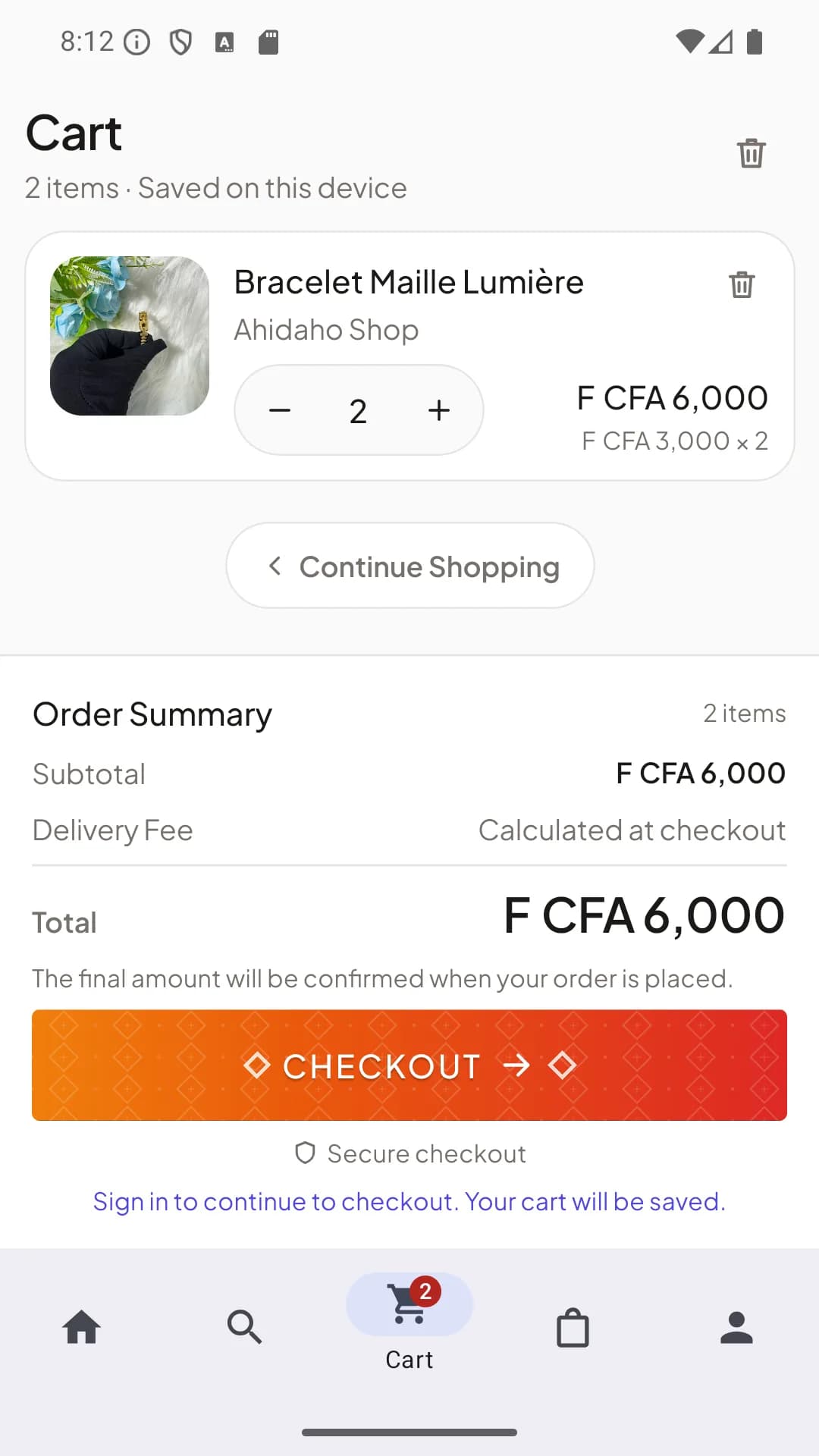 Panier Ahidaho avec deux articles, récapitulatif en francs CFA et bouton de paiement