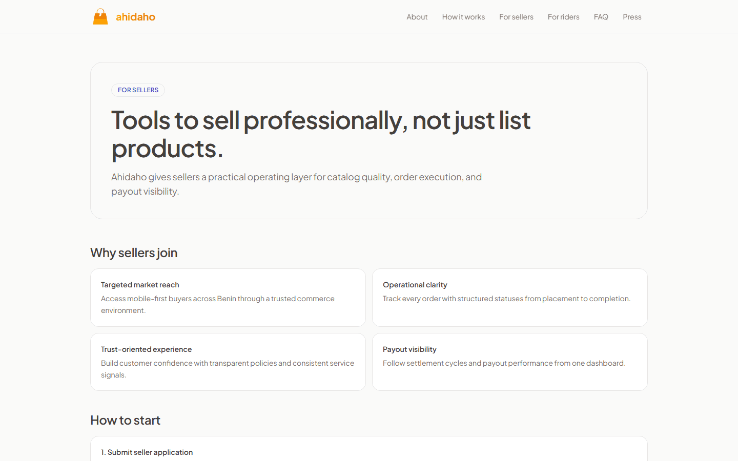 Capture de la page d’onboarding vendeur Ahidaho